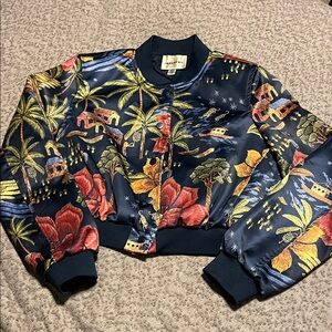 INDUSTRY Garden Print Satin Bomber Jacket - Navy with Red & Yellow Floral
